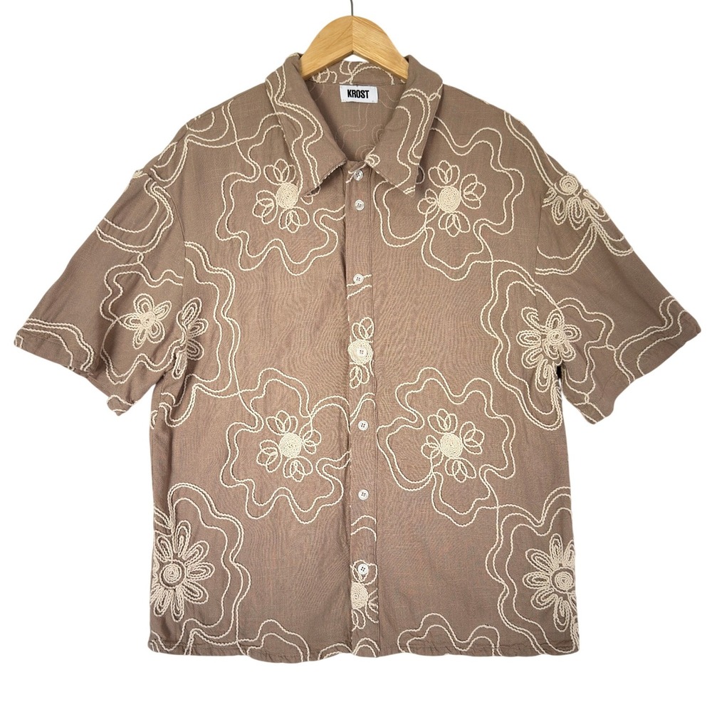 KROST Havana Floral Embroidered Shirt Linen Blend Short Sleeve Button Up Mens XL